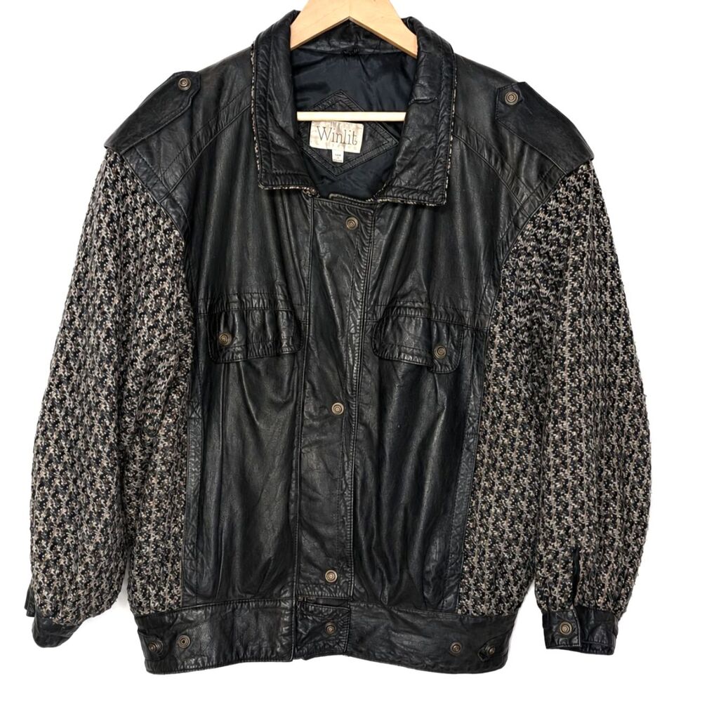 Vintage 80s 90s Winlit Genuine Leather & Wool Jacket Black Tweed Sleeves Moto L